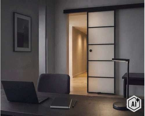Un bureau avec un bureau, une lampe de bureau à LED et une porte coulissante moderne en verre avec un cadre noir. (Image AI modified or generated)