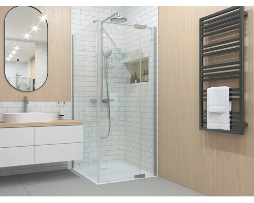 Jungborn Duschtür mit Seitenwand SETTE Drehtür mit Festteil rechts und Seitenwand links 75 x 75 x 200 cm Profilfarbe silber Klarglas mit schmutzabweisende Glasbeschichtung mit Puffergriff