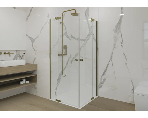 Jungborn Eckeinstieg SETTE mit Drehtür an Festteil 75 x 75 x 200 cm Profil gold matt Klarglas schmutzabweisende Glasbeschichtung Türanschlag links Türanschlag rechts Puffergriff