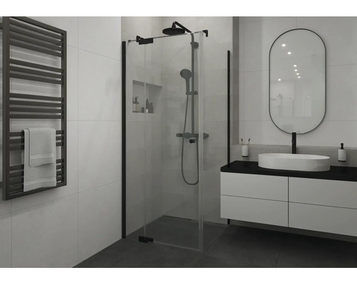Jungborn Duschtür mit Seitenwand SETTE Drehtür mit Festteil links und Seitenwand rechts 80 x 90 x 200 cm Profilfarbe schwarz Klarglas mit schmutzabweisende Glasbeschichtung und Puffergriff
