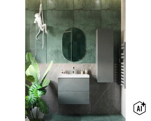 Salle de bain moderne avec meuble sous-vasque gris, miroir ovale, armoire haute et carrelage mural vert. (Image AI modified or generated)