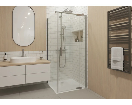 Jungborn Duschtür mit Seitenwand SETTE Drehtür mit Festteil rechts und Seitenwand links 75 x 75 Profilfarbe silber Klarglas mit schmutzabweisende Glasbeschichtung und Stangengriff