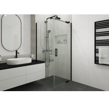 Porte de douche Jungborn avec paroi latérale SETTE porte pivotante avec partie fixe à droite paroi latérale à gauche 75 x 75 couleur de profilé noir verre transparent avec revêtement résistant à la saleté et poignée barre