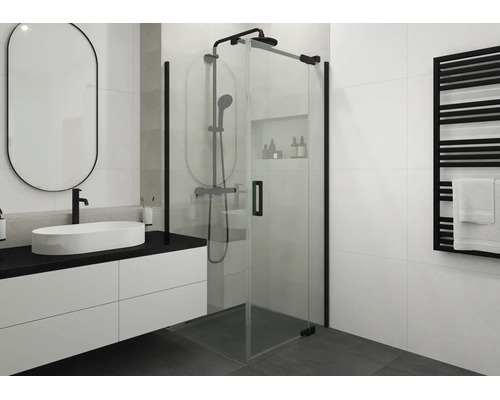 Porte de douche Jungborn avec paroi latérale SETTE porte pivotante avec partie fixe à droite paroi latérale à gauche 75 x 75 couleur de profilé noir verre transparent avec revêtement résistant à la saleté et poignée barre