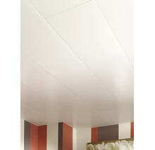 Panneaux de plafond blancs en plastique avec une surface lisse montés sur un plafond.