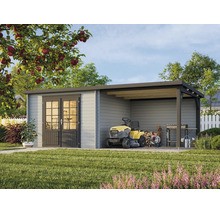 Abri de jardin moderne en bois avec toit en pente et auvent, double porte vitrée, espace de rangement pour tondeuse et barbecue dans un jardin.