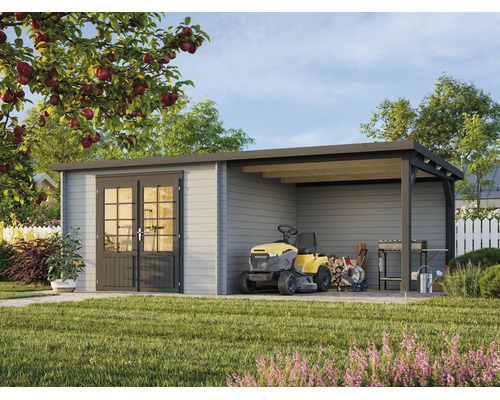 Abri de jardin moderne en bois avec toit en pente et auvent, double porte vitrée, espace de rangement pour tondeuse et barbecue dans un jardin.