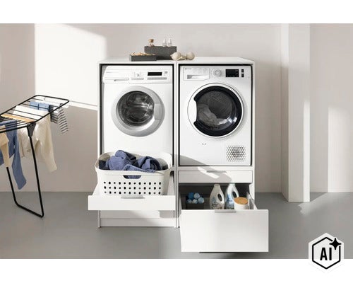 Weißer Waschmaschinenschrank und Trocknerschrank nebeneinander mit ausziehbaren Schubladen für Wäschekorb und Waschmittel in hellem Waschraum. (Image AI modified or generated)