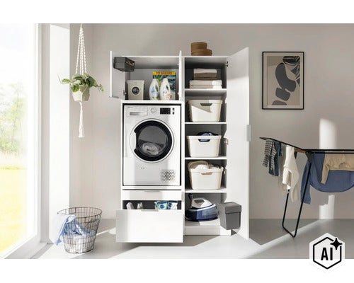 Armoire pour lave-linge avec sèche-linge intégré, étagères, paniers et tiroirs coulissants pour la buanderie. (Image AI modified or generated)