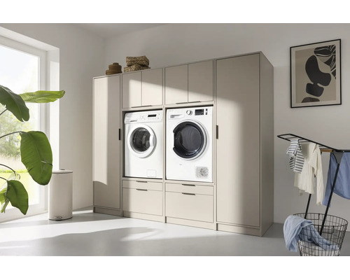 Armoire de buanderie modulaire beige pour lave-linge et sèche-linge avec de nombreux rangements.
