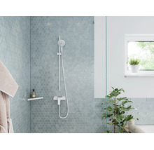 Moderne Dusche mit Duschstange, Brausearmatur und Wandfliesen in Wabenoptik in einem hellen Badezimmer mit Zimmerpflanze.