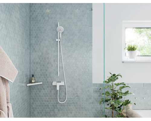 Moderne Dusche mit Duschstange, Brausearmatur und Wandfliesen in Wabenoptik in einem hellen Badezimmer mit Zimmerpflanze.