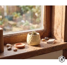 Petite plante succulente dans un pot en céramique texturé sur un rebord de fenêtre en bois, avec des galets de décoration. (Image AI modified or generated)