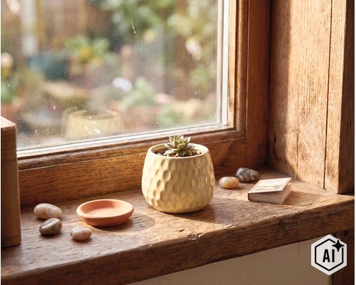 Petite plante succulente dans un pot en céramique texturé sur un rebord de fenêtre en bois, avec des galets de décoration. (Image AI modified or generated)