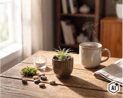 Tillandsia Luftpflanze im dekorativen Keramiktopf auf einem Holztisch neben einer dampfenden Tasse und einer brennenden Kerze. (Image AI modified or generated)