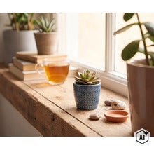 Rebord de fenêtre en bois décoré avec une petite plante succulente dans un pot bleu à motifs, une tasse de thé, des livres et des plantes. (Image AI modified or generated)