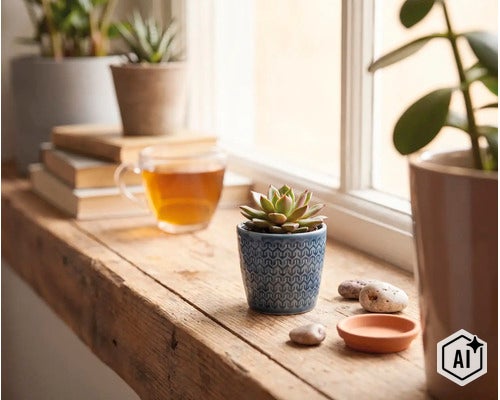 Rebord de fenêtre en bois décoré avec une petite plante succulente dans un pot bleu à motifs, une tasse de thé, des livres et des plantes. (Image AI modified or generated)