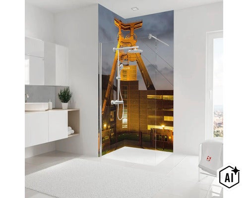 Paroi de douche moderne avec le motif de la mine de Zollverein dans une douche à l'italienne dans une salle de bain lumineuse. (Image AI modified or generated)