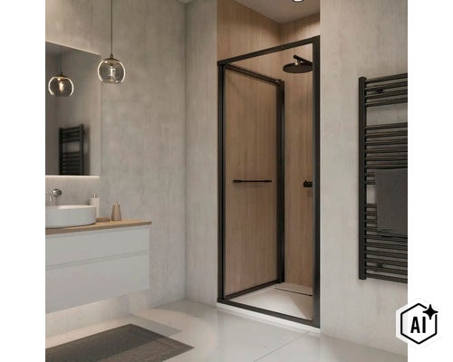 Salle de bain moderne avec douche à l italienne, cadre noir, panneaux imitation bois et sèche serviettes dans un espace lumineux et organisé. (Image AI modified or generated)