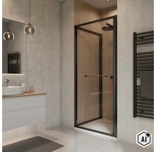 Salle de bain moderne avec cabine de douche vitrée à cadre noir, lavabo, miroir et radiateur sèche-serviettes dans une ambiance lumineuse. (Image AI modified or generated)