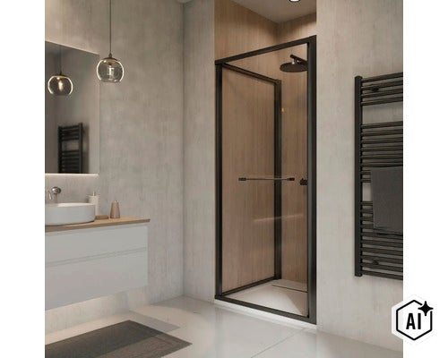 Salle de bain moderne avec cabine de douche vitrée à cadre noir, lavabo, miroir et radiateur sèche-serviettes dans une ambiance lumineuse. (Image AI modified or generated)
