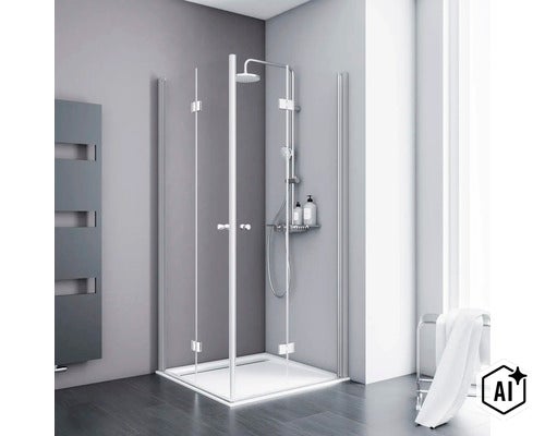 Cabine de douche carrée en verre avec profilés argentés et système de douche intégré dans une salle de bain moderne. (Image AI modified or generated)