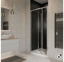 Cabine de douche moderne avec portes pliantes dans une salle de bain élégante avec meuble sous vasque et sèche-serviettes. (Image AI modified or generated)