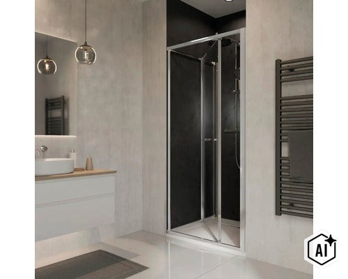 Cabine de douche moderne avec portes pliantes dans une salle de bain élégante avec meuble sous vasque et sèche-serviettes. (Image AI modified or generated)