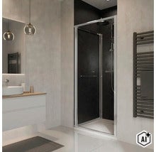 Salle de bain moderne avec cabine de douche en verre, lavabo et porte serviettes chauffant dans un design minimaliste. (Image AI modified or generated)