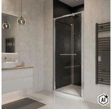 Cabine de douche moderne avec porte battante dans une salle de bain élégante avec lavabo et sèche serviettes. (Image AI modified or generated)