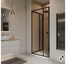 Cabine de douche moderne avec cadre noir dans une salle de bain élégante avec vasque et sèche serviettes. (Image AI modified or generated)