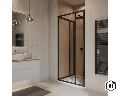 Cabine de douche moderne avec cadre noir dans une salle de bain élégante avec vasque et sèche serviettes. (Image AI modified or generated)