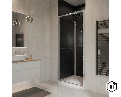 Salle de bain moderne avec cabine de douche en verre, lavabo et porte serviettes chauffant dans un design minimaliste. (Image AI modified or generated)