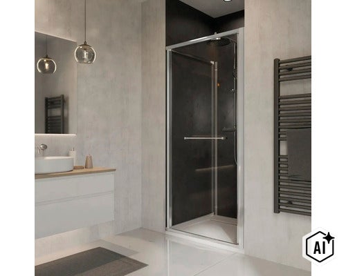 Cabine de douche moderne avec porte battante dans une salle de bain élégante avec lavabo et sèche serviettes. (Image AI modified or generated)