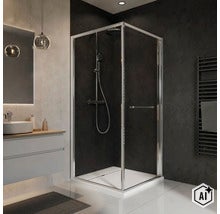 Cabine de douche carrée moderne avec profilé argenté dans une salle de bains élégante avec lavabo et carrelage mural foncé. (Image AI modified or generated)