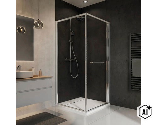 Cabine de douche carrée moderne avec profilé argenté dans une salle de bains élégante avec lavabo et carrelage mural foncé. (Image AI modified or generated)
