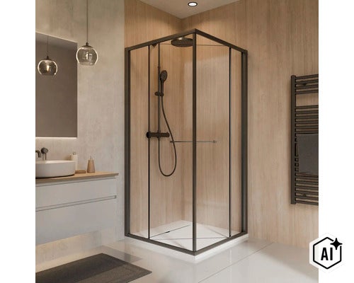 Cabine de douche d'angle moderne avec cadre noir, verre transparent et robinetterie intégrée dans une salle de bain élégante aspect bois. (Image AI modified or generated)