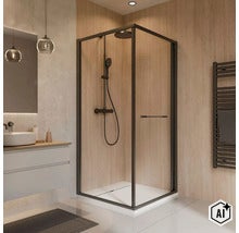 Cabine de douche d angle moderne avec cadre noir et système de douche dans une salle de bain avec murs aspect bois et meuble vasque blanc. (Image AI modified or generated)