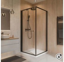 Cabine de douche d angle moderne avec parois en verre et profilés foncés dans une salle de bain élégante avec finition imitation bois. (Image AI modified or generated)