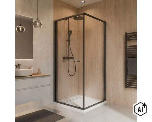 Cabine de douche d angle moderne avec parois en verre et profilés foncés dans une salle de bain élégante avec finition imitation bois. (Image AI modified or generated)