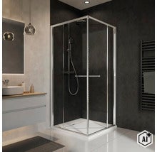 Cabine de douche carrée moderne avec verre véritable et profilés métalliques dans une ambiance de salle de bain élégante. (Image AI modified or generated)