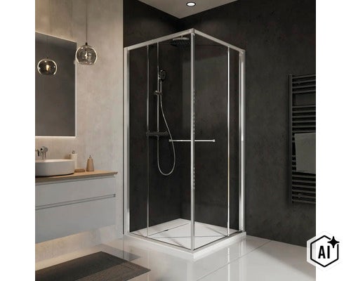 Cabine de douche carrée moderne avec verre véritable et profilés métalliques dans une ambiance de salle de bain élégante. (Image AI modified or generated)