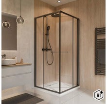 Cabine de douche d'angle moderne avec cadre noir, verre transparent et robinetterie intégrée dans une salle de bain élégante aspect bois. (Image AI modified or generated)