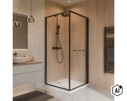 Cabine de douche d angle moderne avec cadre noir et système de douche dans une salle de bain avec murs aspect bois et meuble vasque blanc. (Image AI modified or generated)
