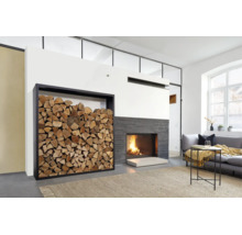 Salon moderne avec cheminée et étagère à bois intégrée, remplie de bois de chauffage empilé devant un mur en plaquettes de parement en pierre.