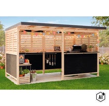 Pavillon de barbecue en bois avec comptoir, surfaces tableau noir et décoration dans le jardin, idéal pour les grillades en plein air. (Image AI modified or generated)