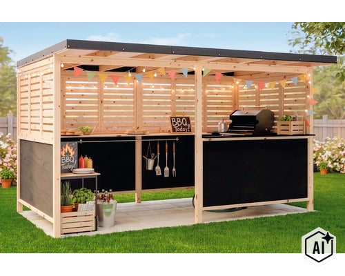 Pavillon de barbecue en bois avec comptoir, surfaces tableau noir et décoration dans le jardin, idéal pour les grillades en plein air. (Image AI modified or generated)