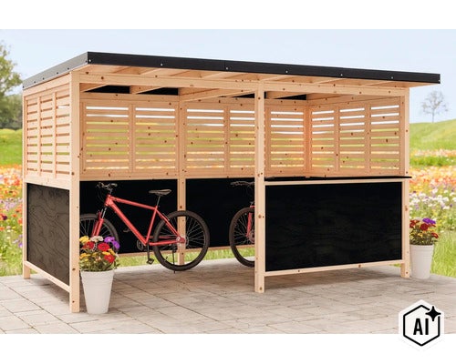 Abri à vélos ouvert en bois avec parois à lattes et toit plat pour le rangement protégé des vélos dans le jardin. (Image AI modified or generated)