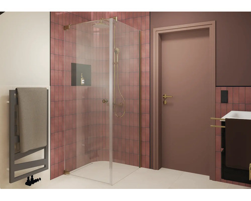 Moderne Eckdusche mit Glastür und Duschsystem vor gefliester Wand in einem Badezimmer