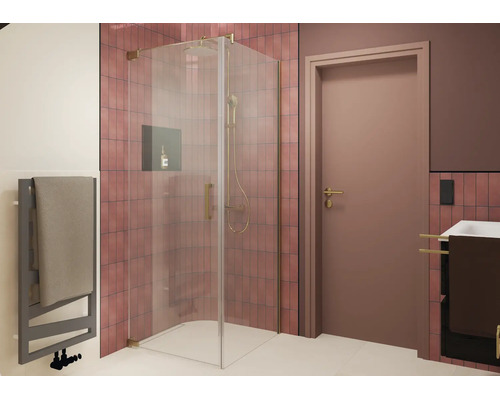 Moderne Eckdusche mit Glastür und Armaturen in Metalloptik in einem gefliesten Badezimmer mit Handtuchheizkörper und Waschbecken